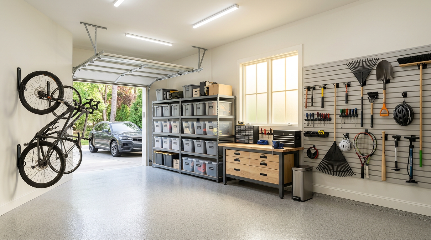 Organized garage with shelving and storage bins