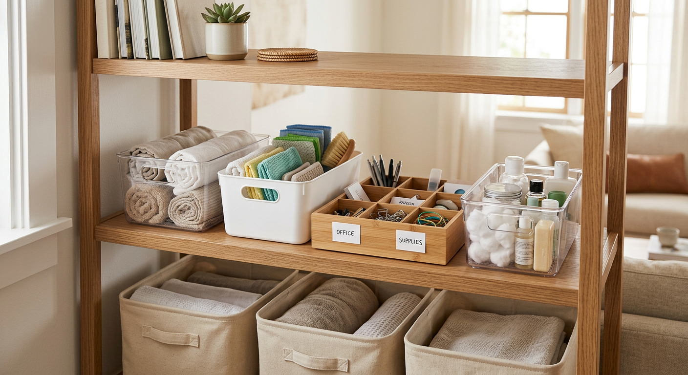 Affordable home organization tools like bins and dividers arranged neatly