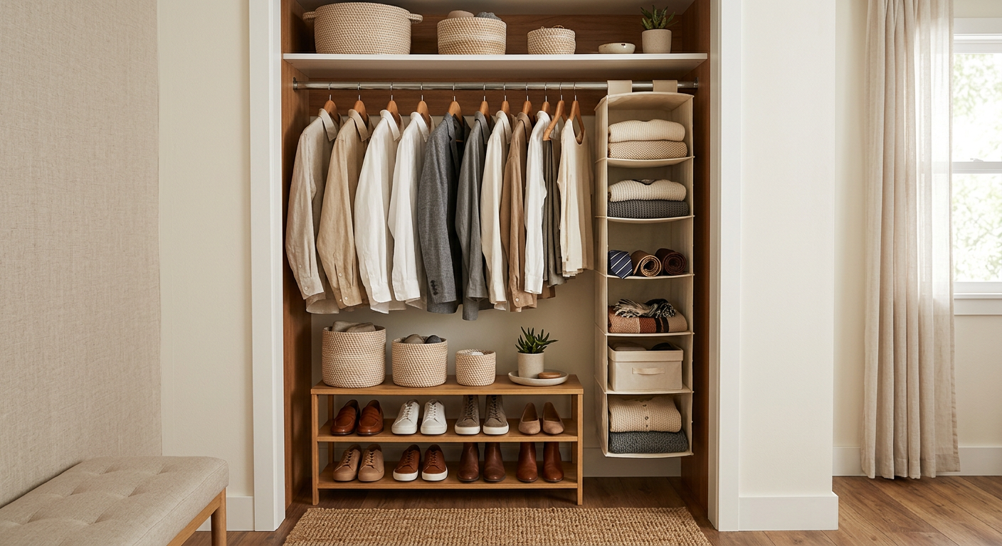 Organized small closet with hanging shelves and shoe storage