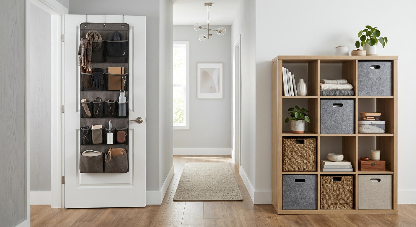 Comparison scene showing over-door organizer and cube shelf storage