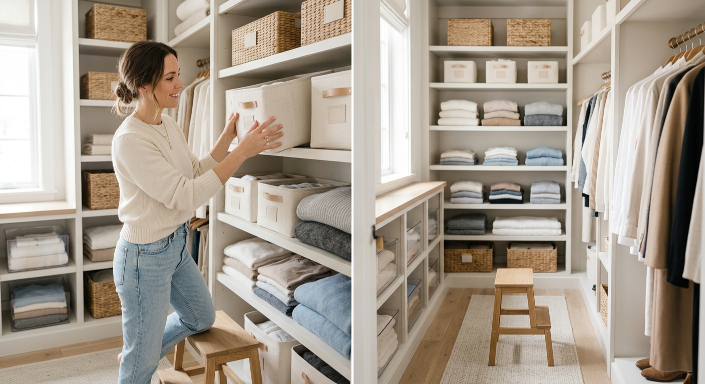 Lifestyle photo of organizing bins in a small closet
